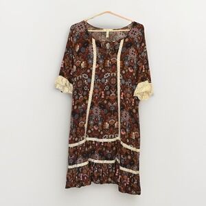 Matilda Jane Brown Floral Pocket Dress Womens L Boho Cottagecore Prairie Midi